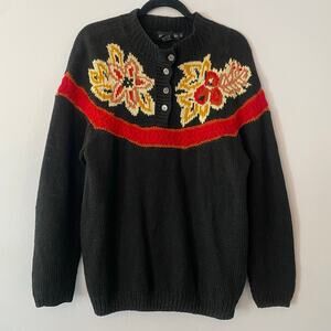 Pierre Cardin Black Red Floral Knit Chunky Vintage Sweater Grannycore Medium